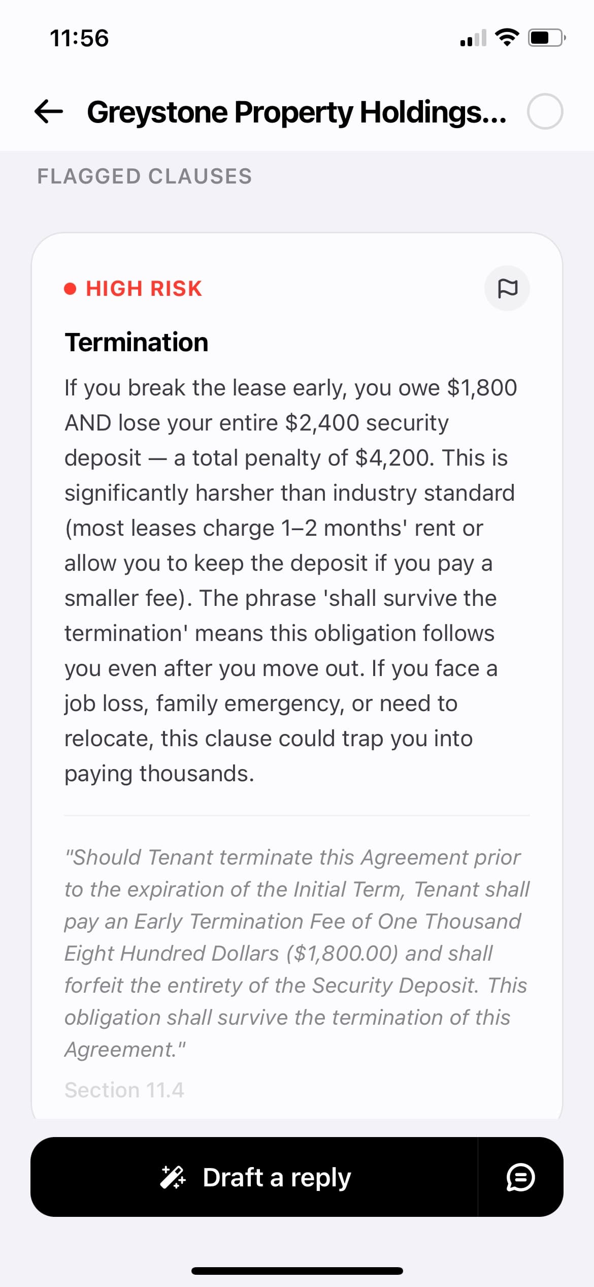 Flagged clause detail: HIGH RISK termination clause with $1,800 fee, plain-English explanation, and original quoted text from Section 11.4