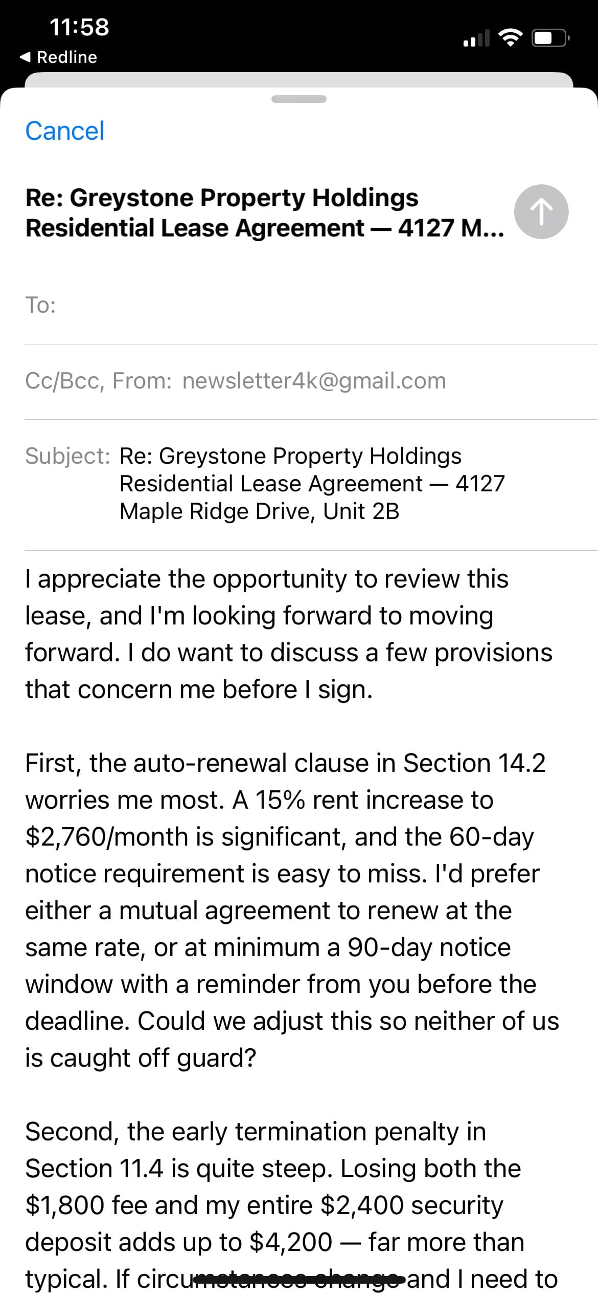 Drafted email about a lease addressing auto-renewal, early termination penalty, and security deposit concerns