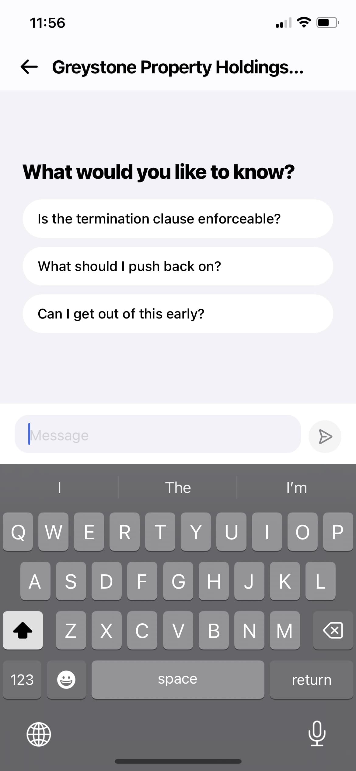 Ask follow-ups screen: suggested questions including 'Is the termination clause enforceable?' and 'What should I push back on?'