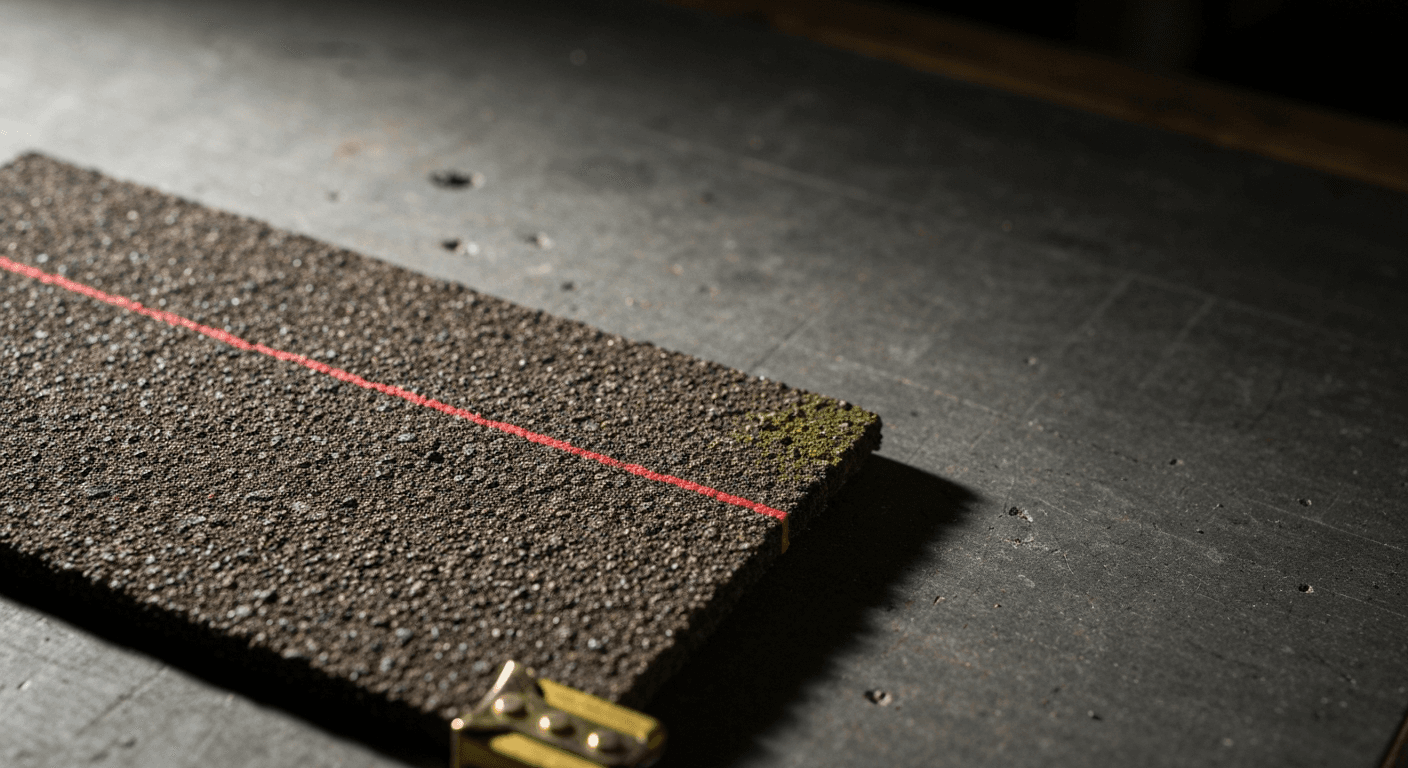 A torn slice of asphalt roof shingle on dark walnut with a crimson marker line measuring its age