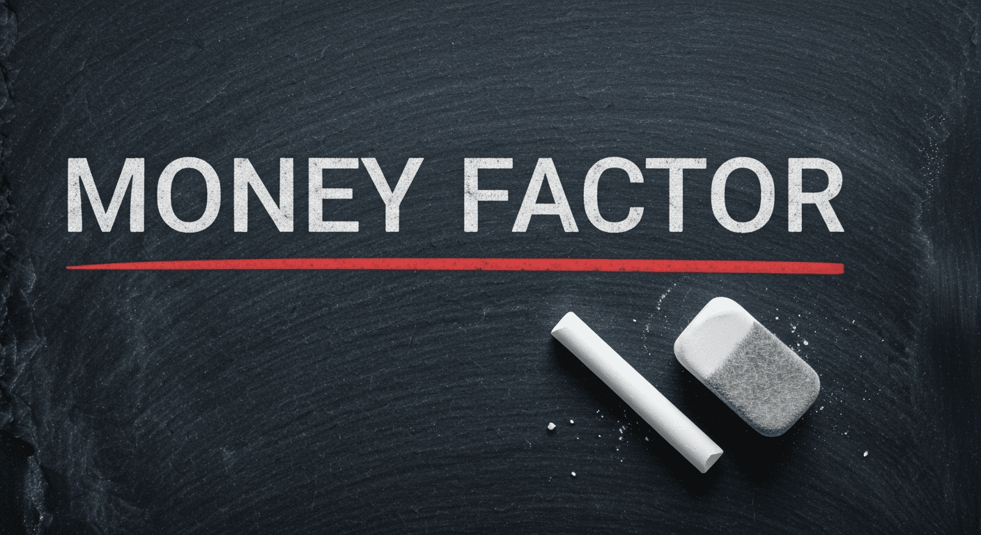 The phrase MONEY FACTOR written in white chalk serif on a dark slate chalkboard, with a stub of chalk and a felt eraser in the corner