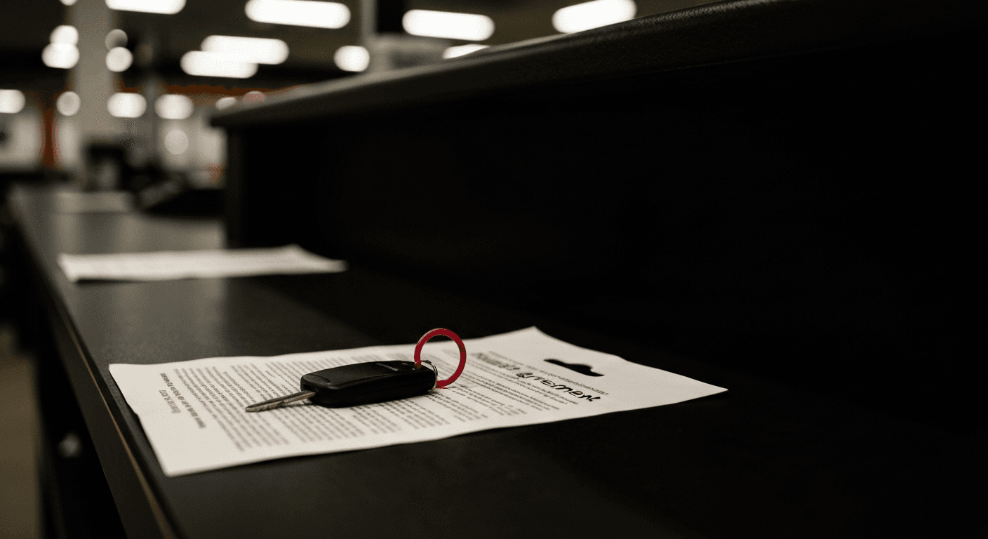 A rental car key on a dim counter with paperwork and a contract pen