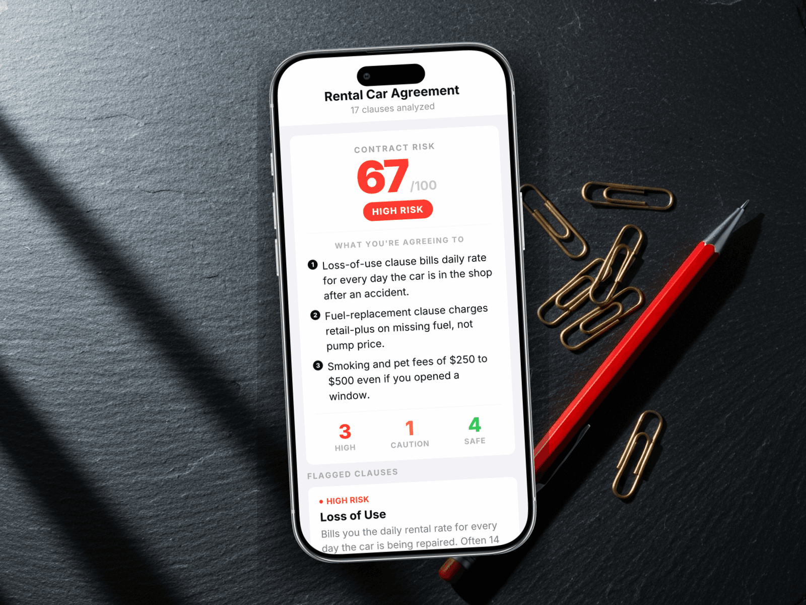 Redline scoring a rental car agreement, flagging the mandatory CDW upsell, the fuel-option clause, and the young-driver surcharge