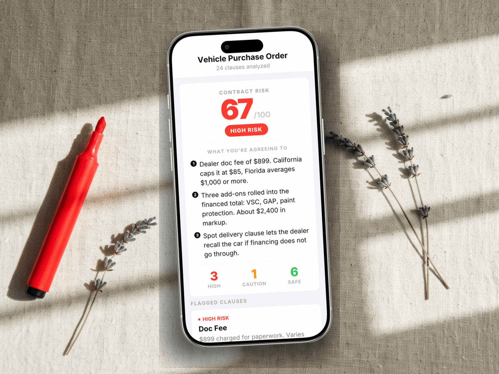 Redline scoring a vehicle purchase order: 67 out of 100, HIGH RISK, with doc fee, dealer add-on stack, spot delivery clause, and mandatory arbitration flagged