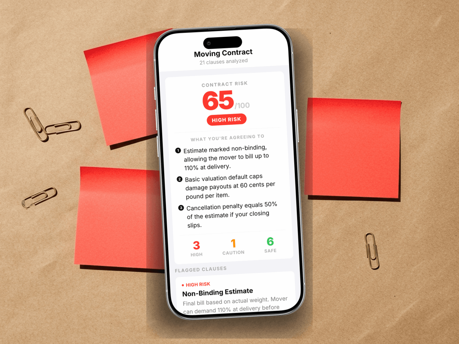 Redline scoring a moving company contract, flagging the non-binding estimate, the basic valuation default, and the hostage-load arbitration clause