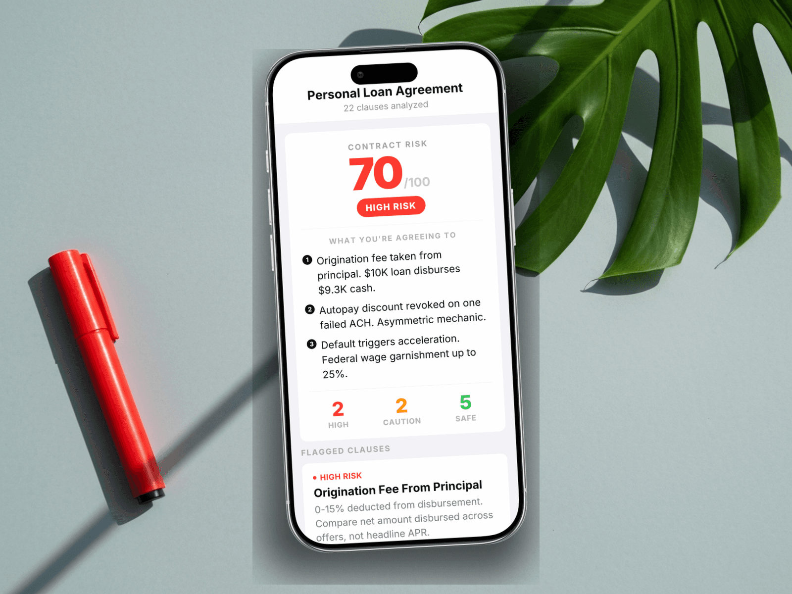 Redline scoring a Personal Loan Agreement: 70 out of 100, HIGH RISK, with origination fee from principal, autopay-discount revocation language, default-acceleration clause, and federal garnishment exposure flagged