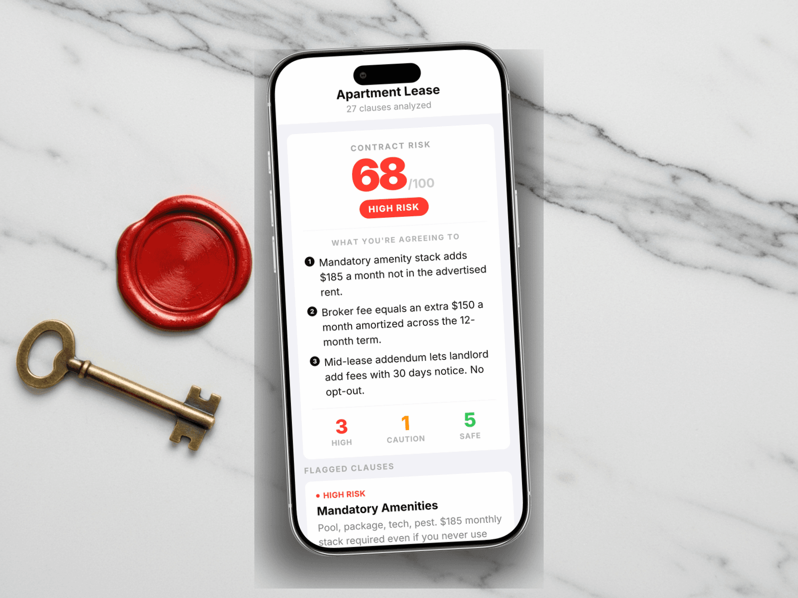 Redline scoring an apartment lease: 68 out of 100, HIGH RISK, with mandatory amenities, broker fee, mid-lease addendum, and concession recapture flagged
