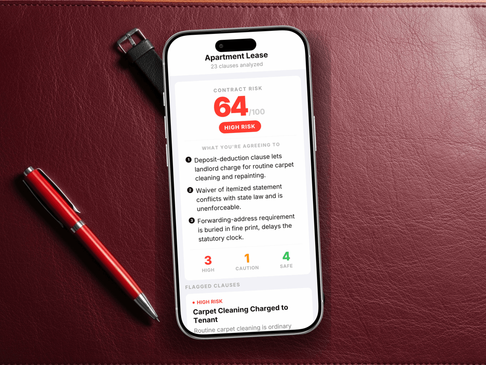 Redline scoring an apartment lease showing the security deposit clause, normal wear-and-tear language, and the statutory return window flagged