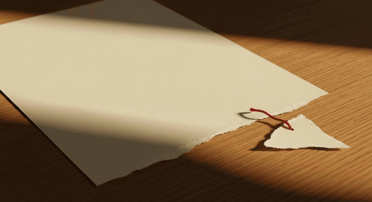 A torn paper contract on a dark surface with a crimson ribbon trailing, evoking severance from an agreement