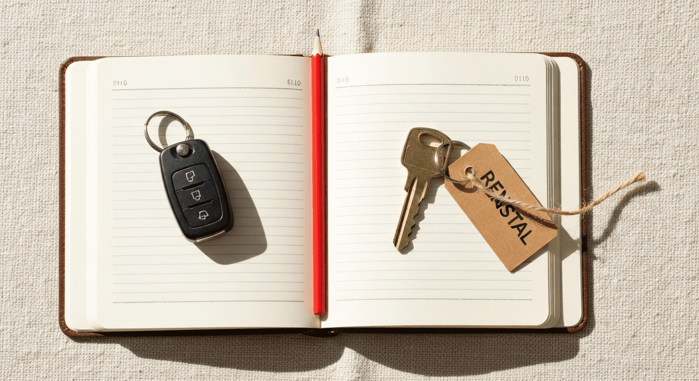 An open leather notebook on cream linen with a modern car keyfob on one page and an older brass key with a paper rental tag on the other