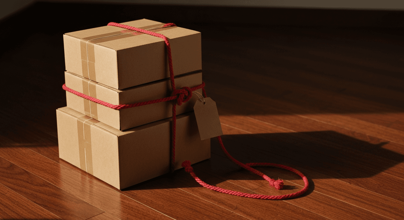A stack of moving boxes bound by crimson rope with a paper tag, on dark walnut