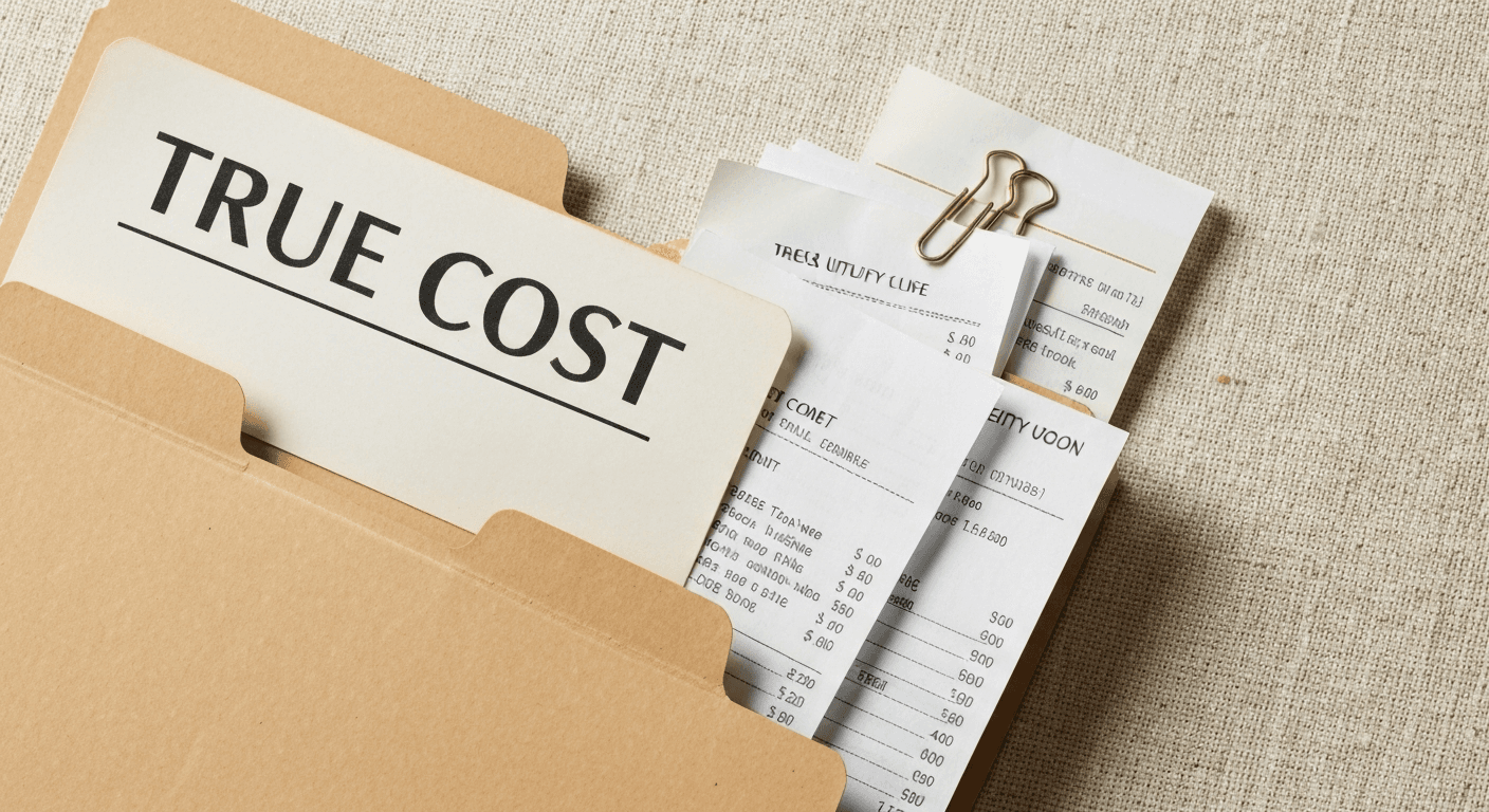 A manila folder labeled 'TRUE COST' with rent receipts and a utility bill spilling out