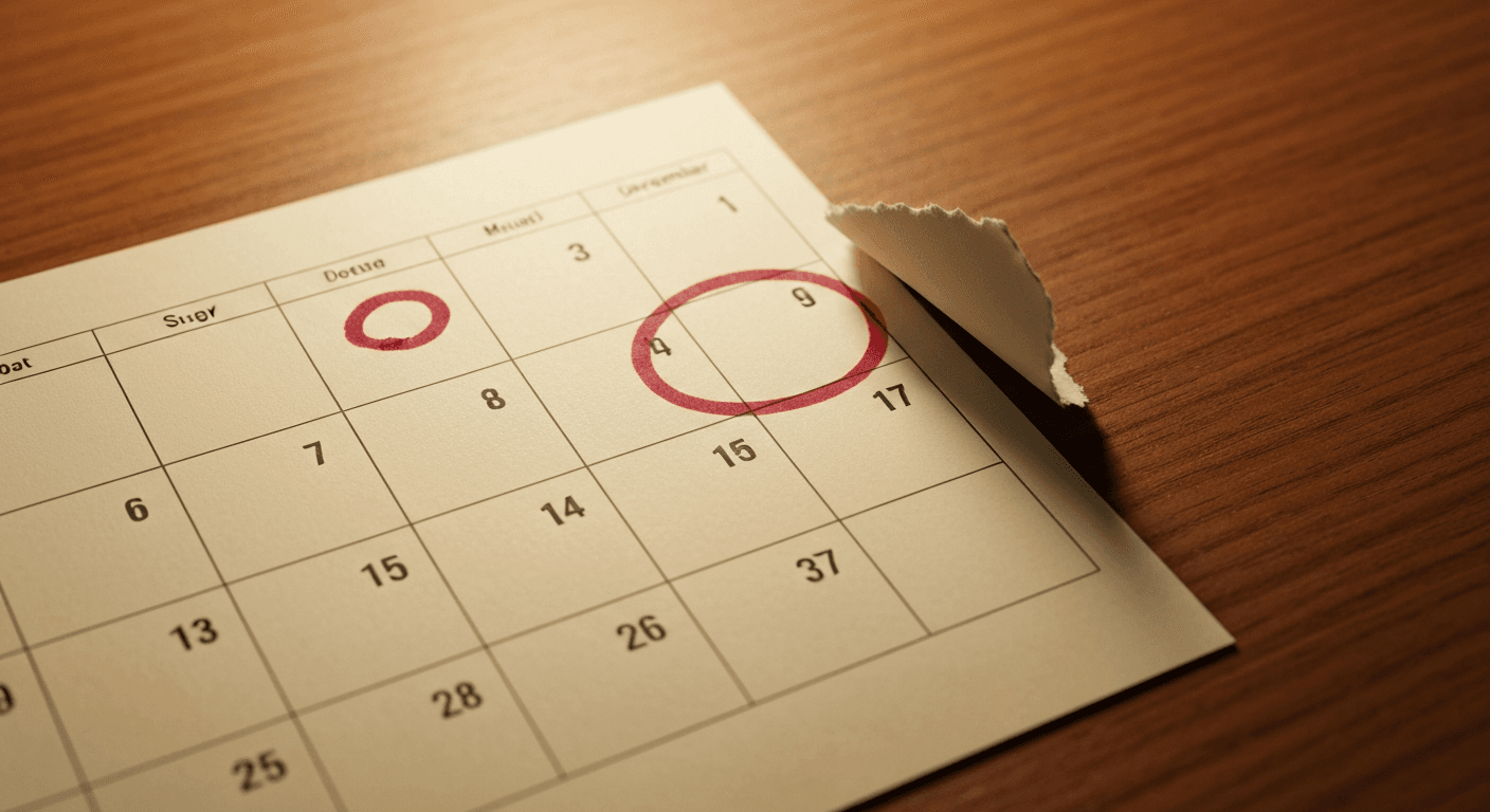 A tear-off desk calendar page with a single date circled in crimson ink, the upper-right corner torn