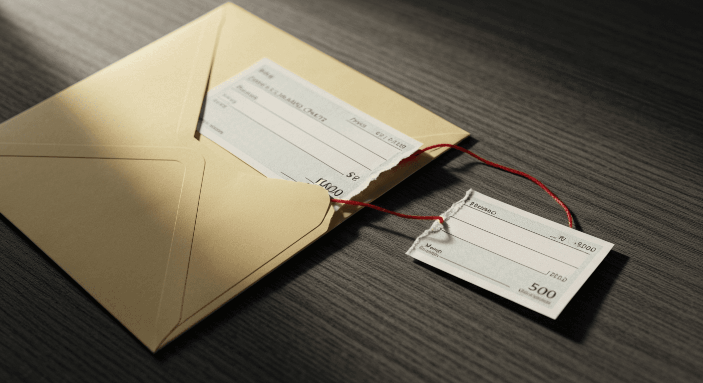 A cream mailing envelope with a paper check partially extending out, the dollar-amount corner torn off, with a crimson silk thread linking the torn pieces