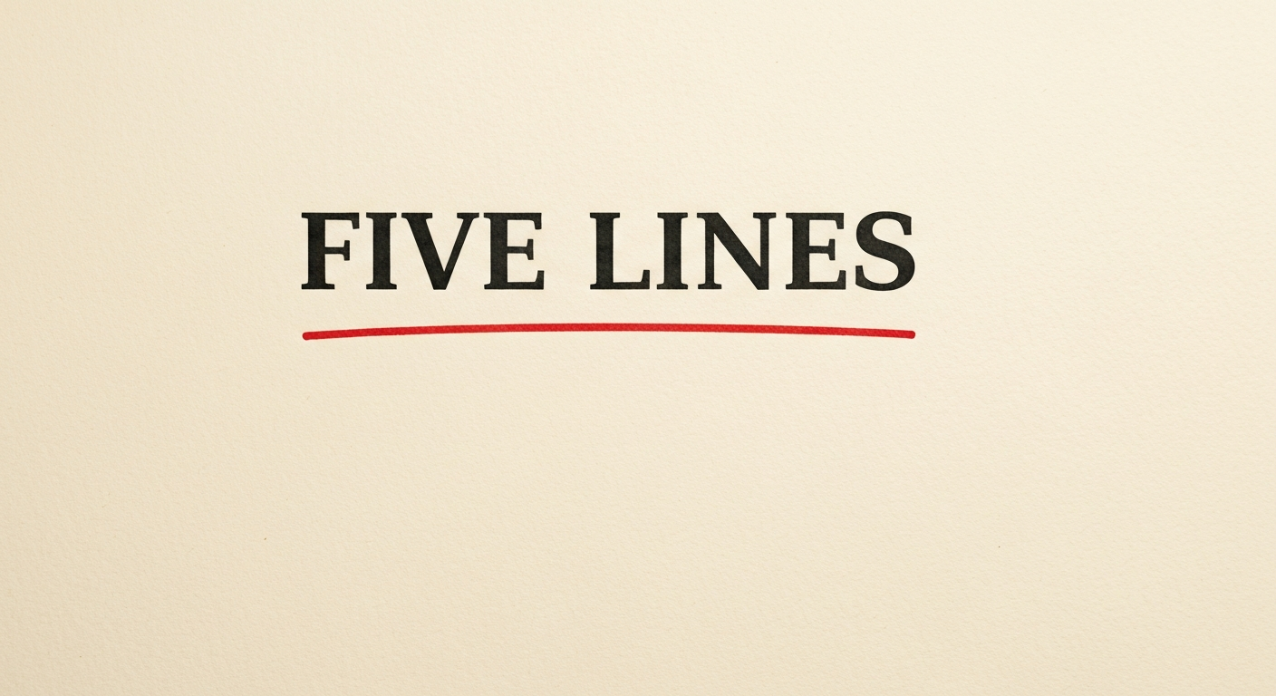 A typographic poster reading FIVE LINES on bone-cream paper with a red ink underline