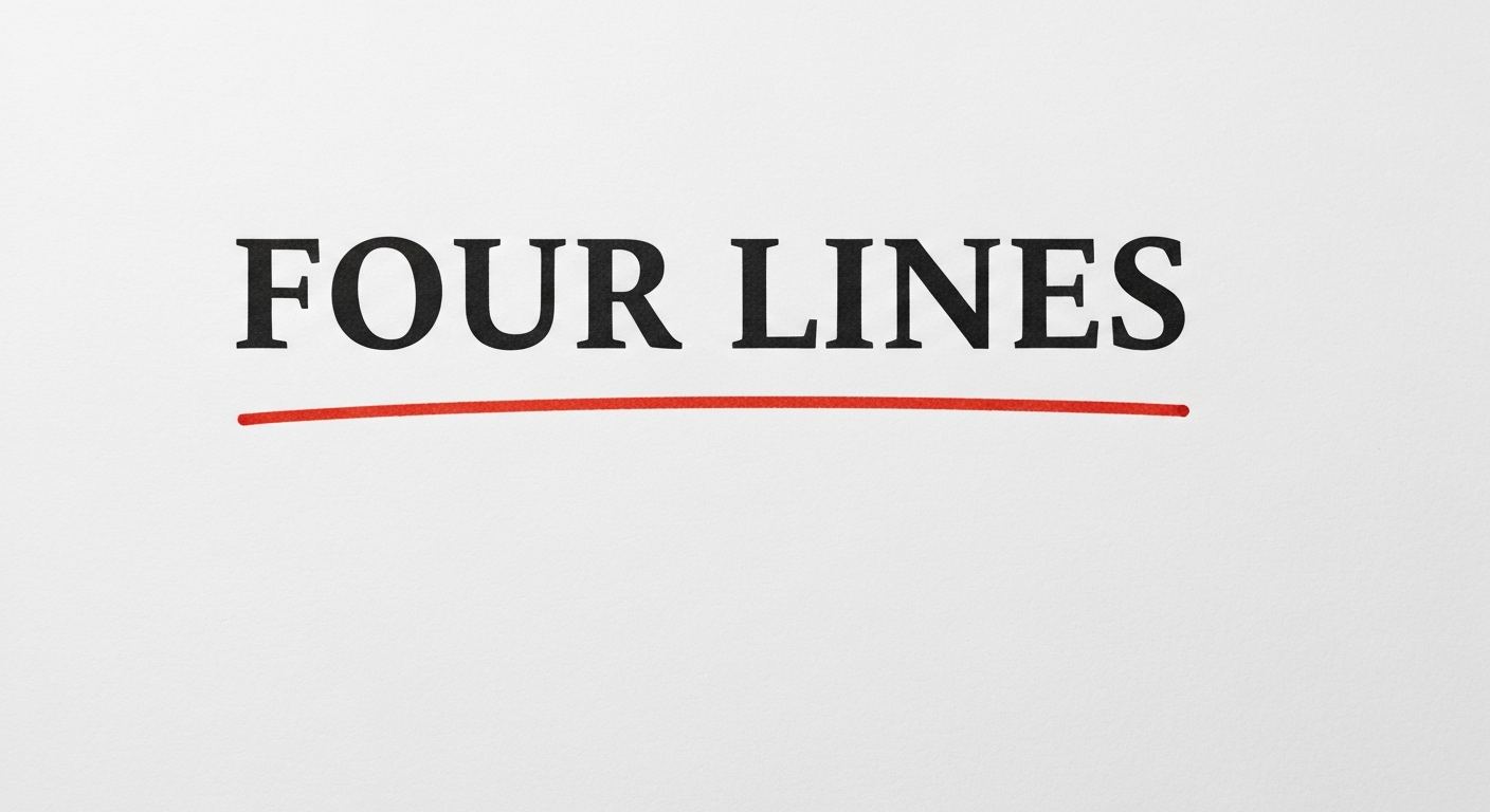 A typographic poster reading FOUR LINES in serif type on bone-cream paper with a red ink underline