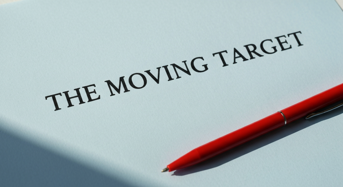 A red felt-tip pen lying angled across the phrase THE MOVING TARGET on a bluish-grey carbon-copy page