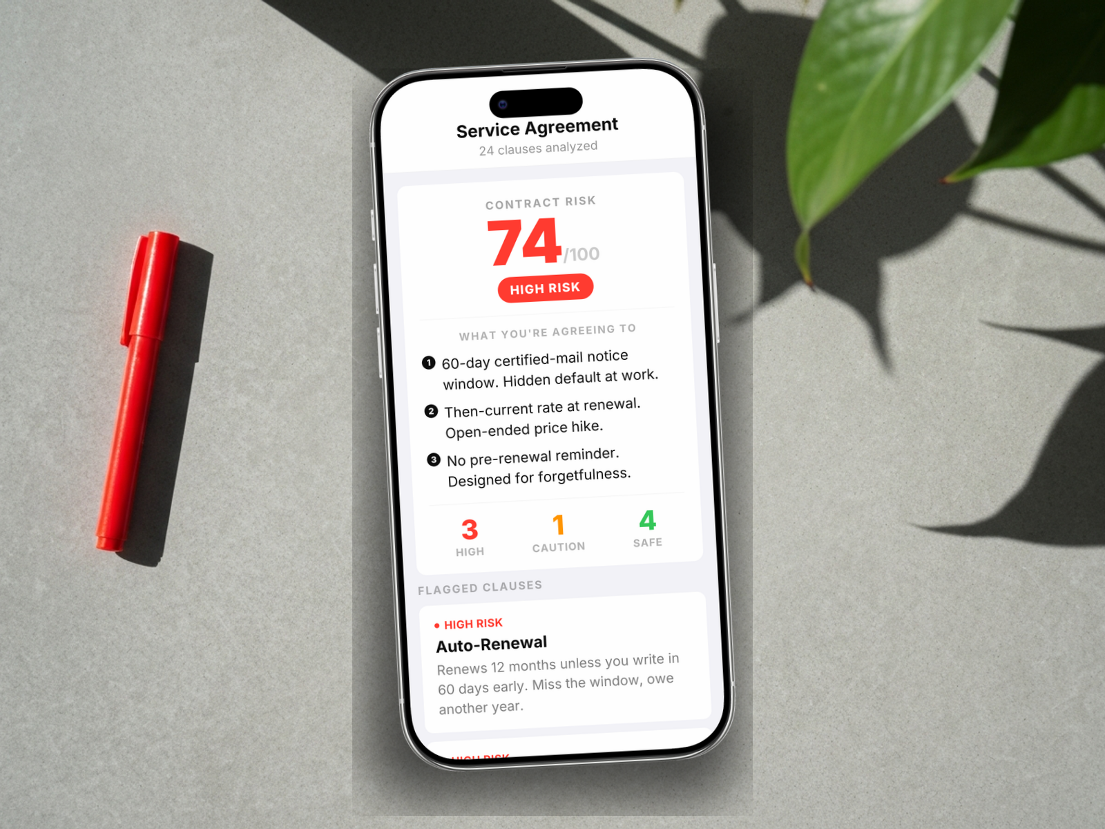 Redline scoring a service agreement: 74/100, HIGH RISK, with auto-renewal, certified-mail-only, then-current rate, and no reminder flagged