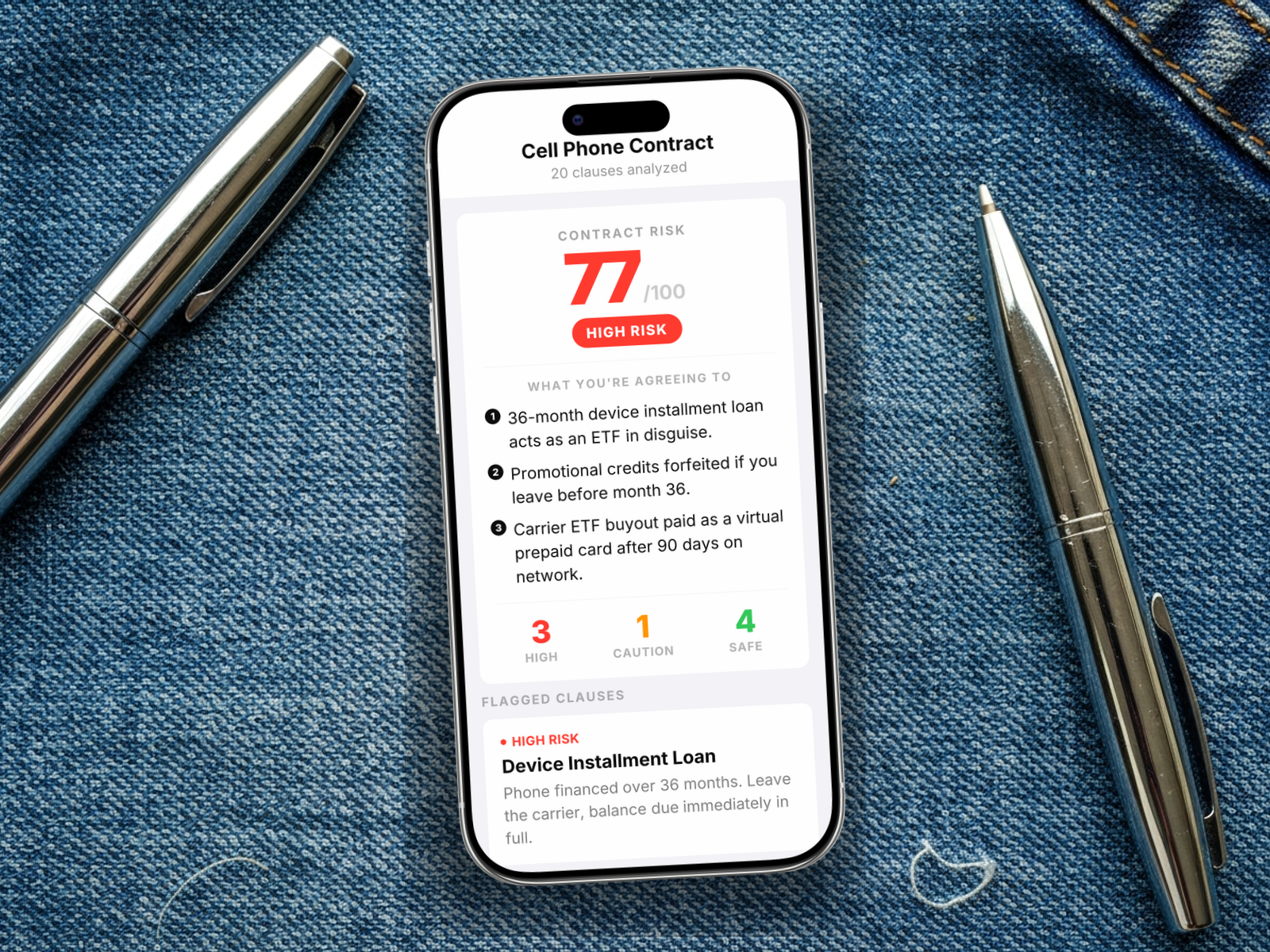 Redline scoring a cell phone contract: 77/100, HIGH RISK, with device installment loan, promo credit clawback, trade-in lock, and unlock delay flagged