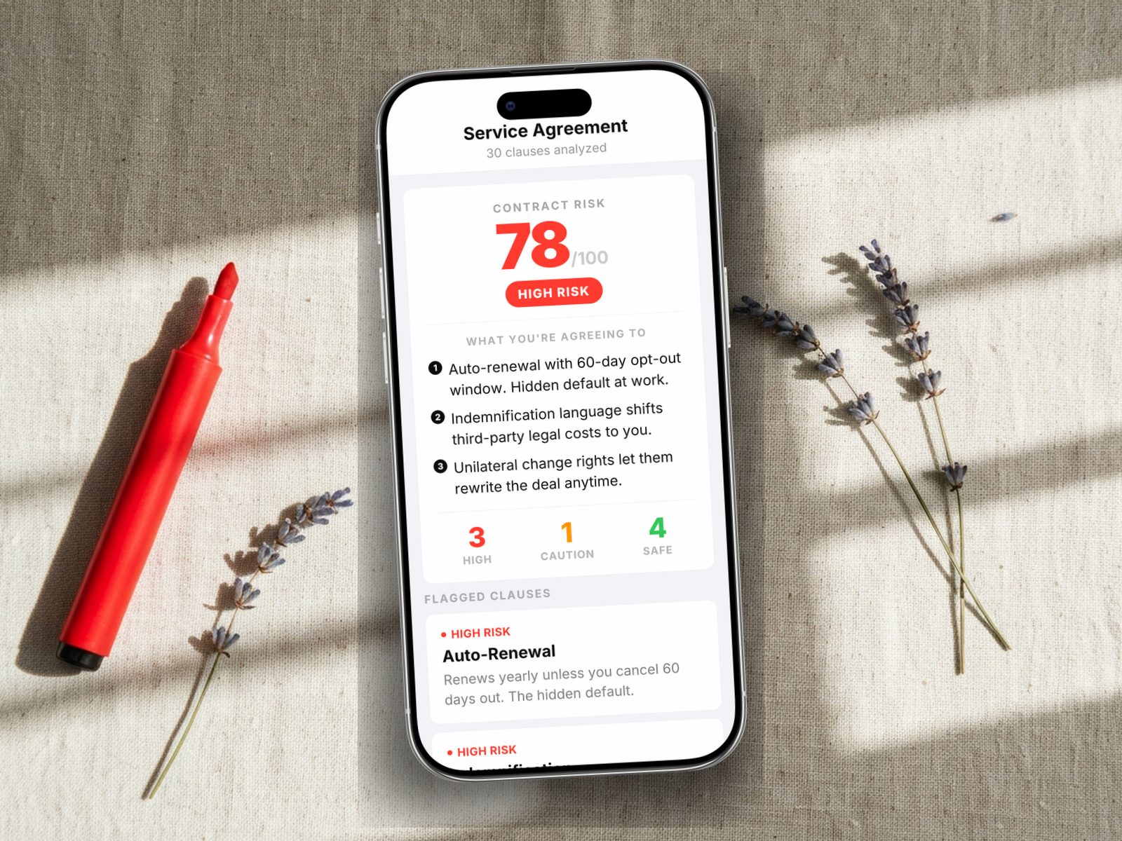 Redline scoring a service agreement: 78/100, HIGH RISK, with auto-renewal, indemnification, early termination, and unilateral changes flagged