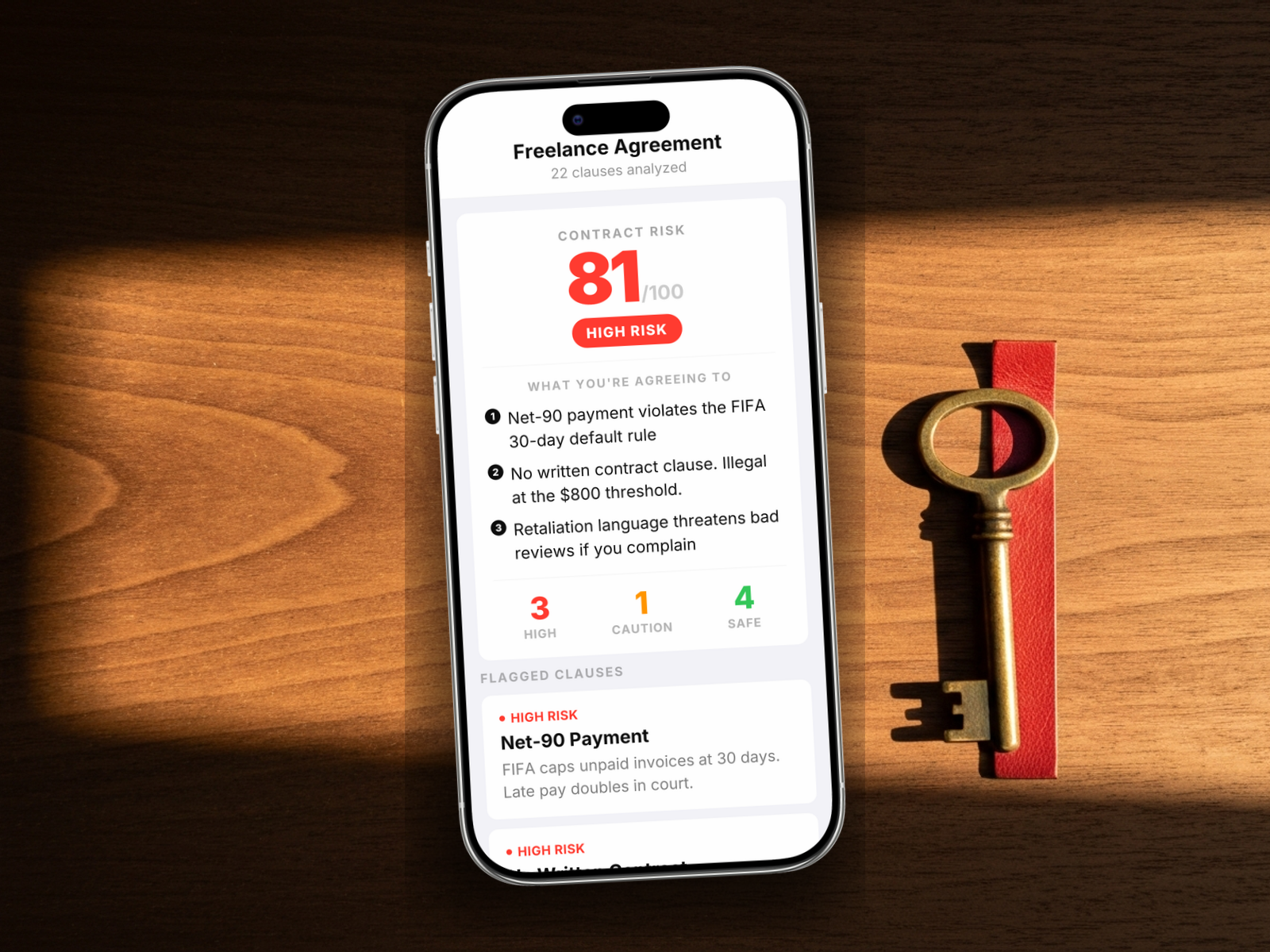 Redline scoring a freelance agreement: 81/100, HIGH RISK, with Net-90 payment, no written contract, retaliation clause, and unlimited revisions flagged