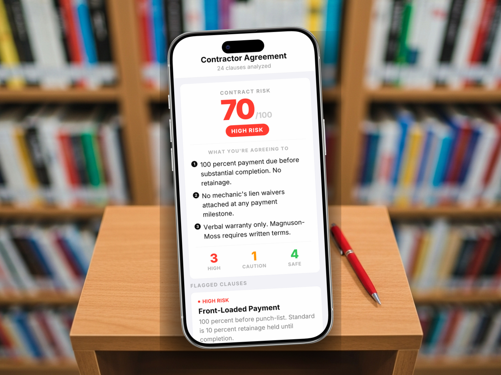 Redline scoring a contractor agreement: 70/100, HIGH RISK, with front-loaded payment, no lien waivers, no written warranty, and license unverified flagged