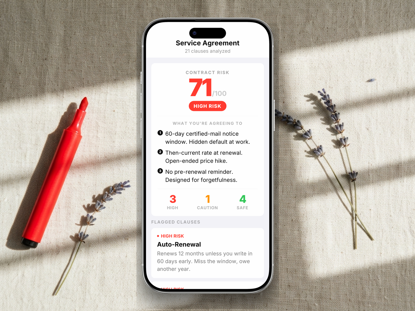 Redline scoring a service agreement: 71/100, HIGH RISK, with auto-renewal, 60-day certified-mail window, then-current rate at renewal, and no pre-renewal reminder flagged