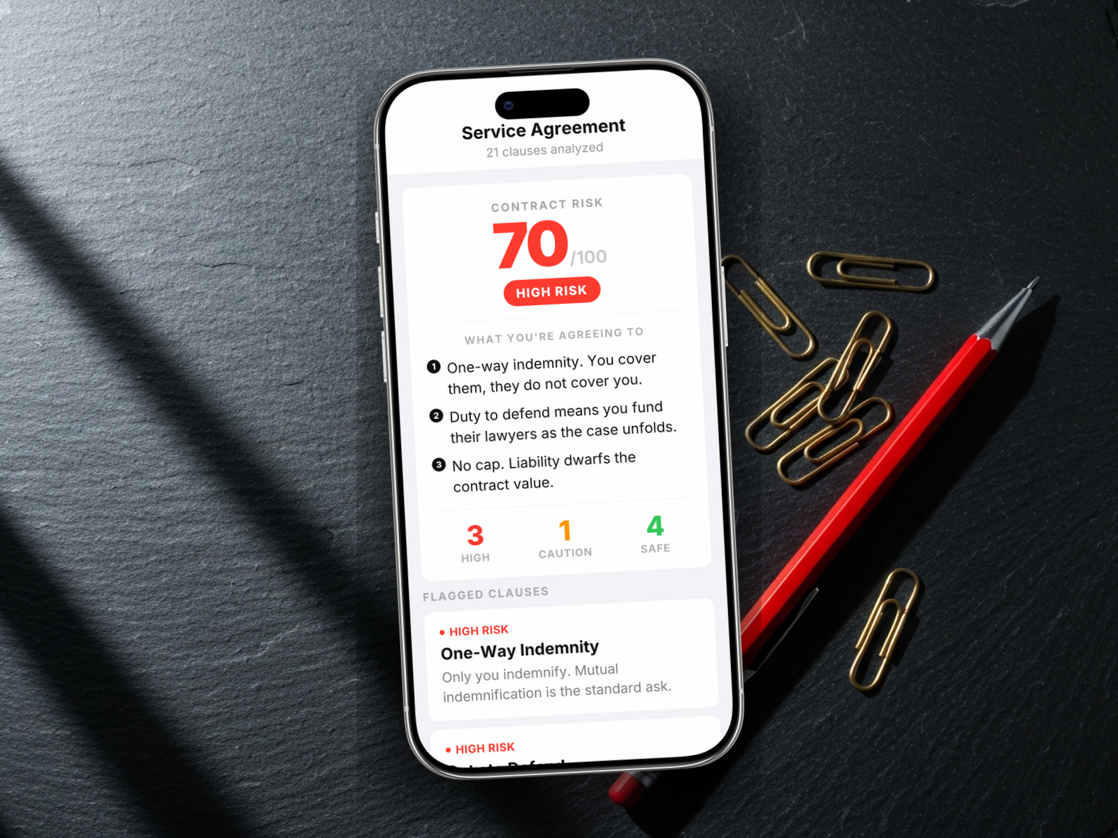 Redline scoring a service agreement: 70/100, HIGH RISK, with one-way indemnity, duty to defend, uncapped liability, and broad trigger language flagged
