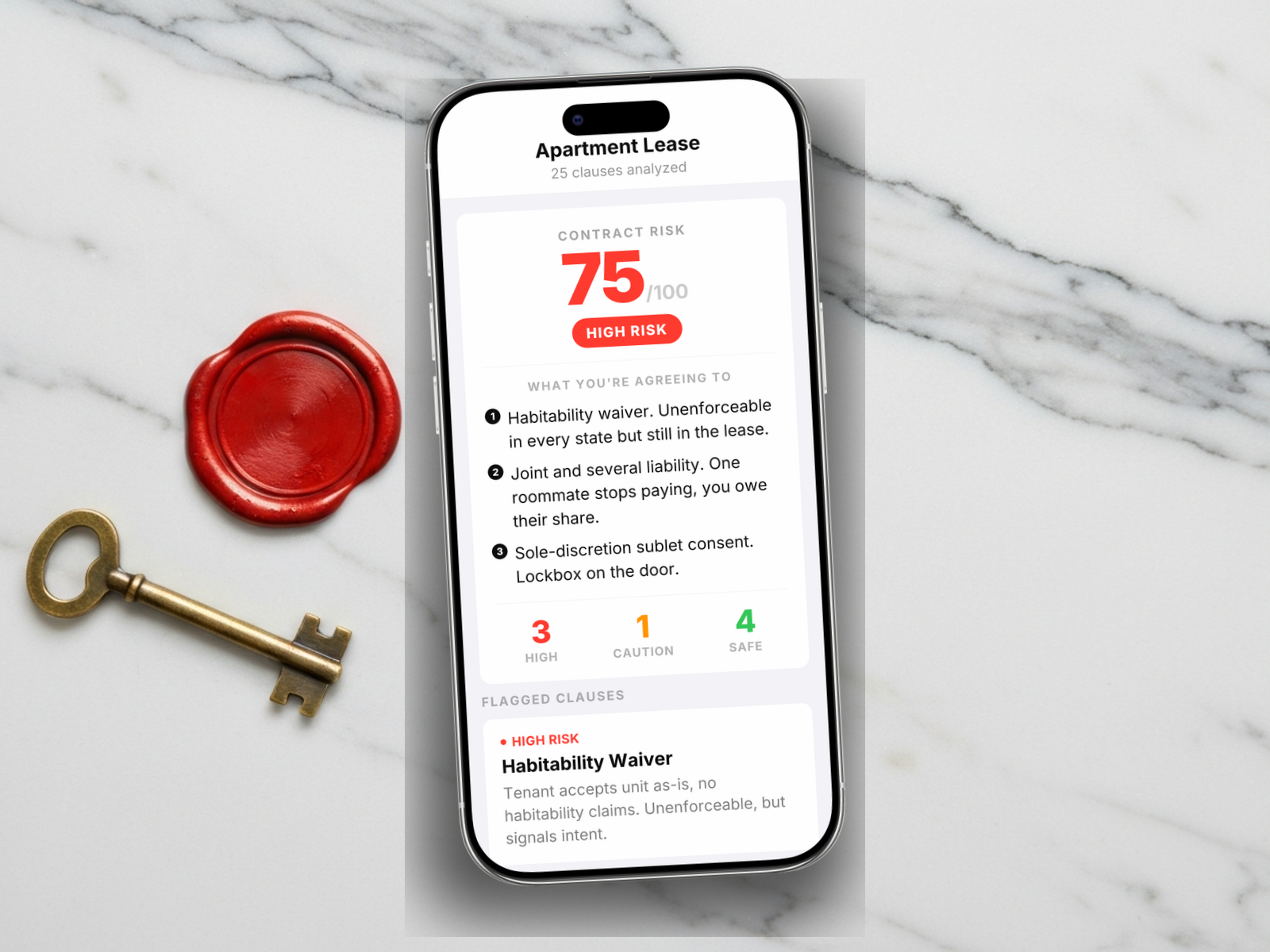 Redline scoring a apartment lease: 75/100, HIGH RISK, with habitability waiver, joint and several, sole-discretion sublet, and cash-only rent flagged