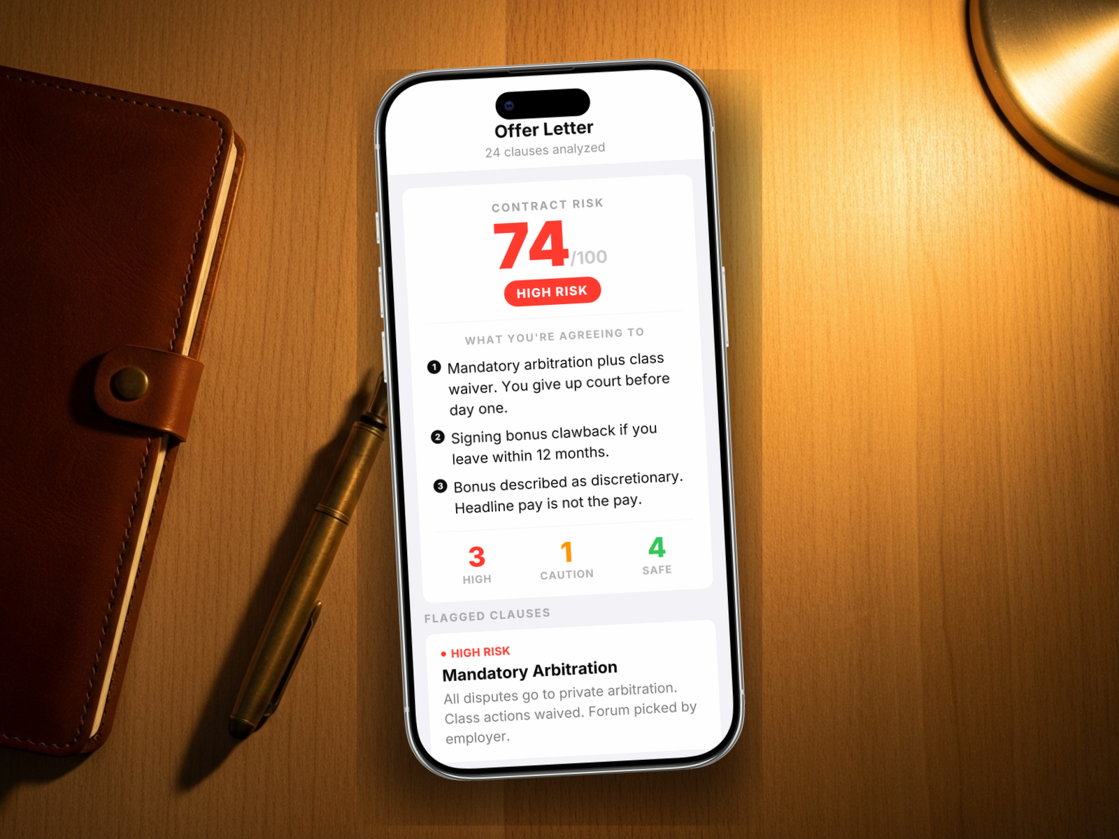 Redline scoring a offer letter: 74/100, HIGH RISK, with mandatory arbitration, inventions assignment, bonus clawback, and discretionary bonus flagged