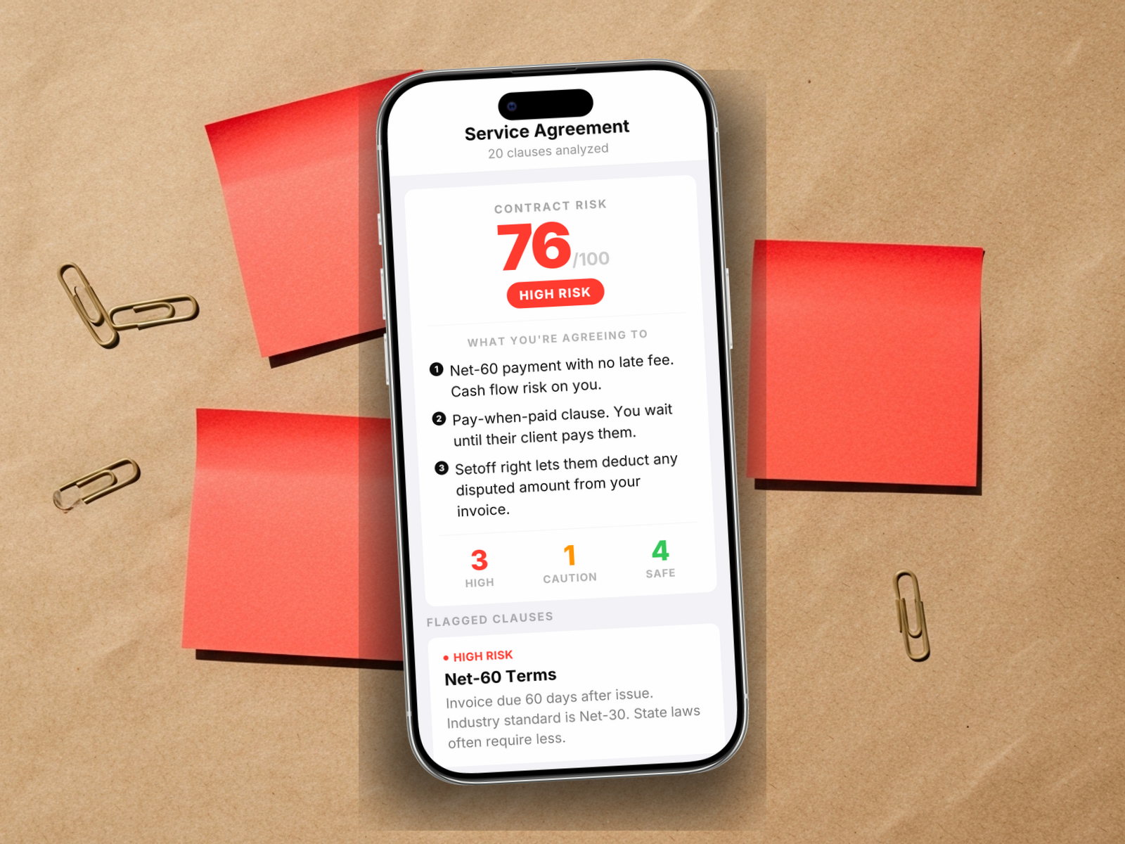 Redline scoring a service agreement: 76/100, HIGH RISK, with Net-60 terms, pay-when-paid, setoff right, and no late fee flagged