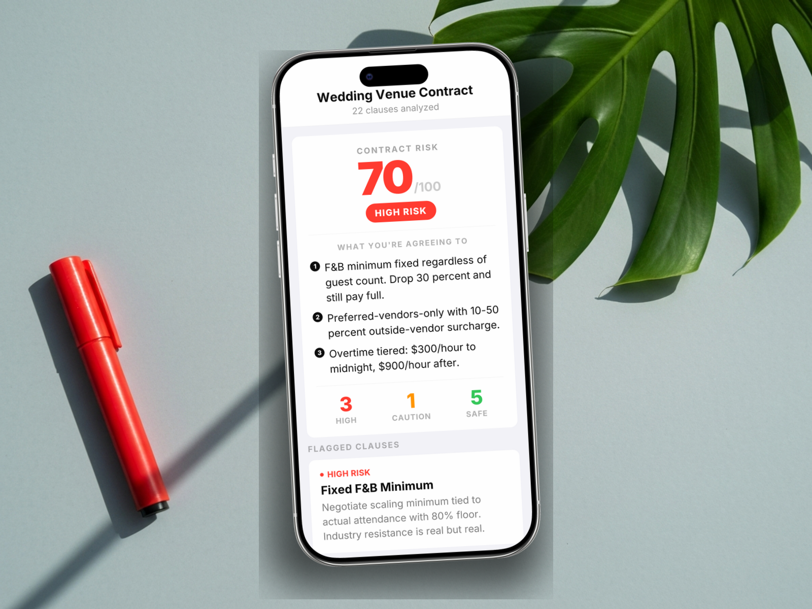 Redline scoring a Wedding Venue Contract: 70/100, HIGH RISK, with fixed F&B minimum, outside-vendor surcharge, midnight overtime rate, and one-sided force majeure flagged