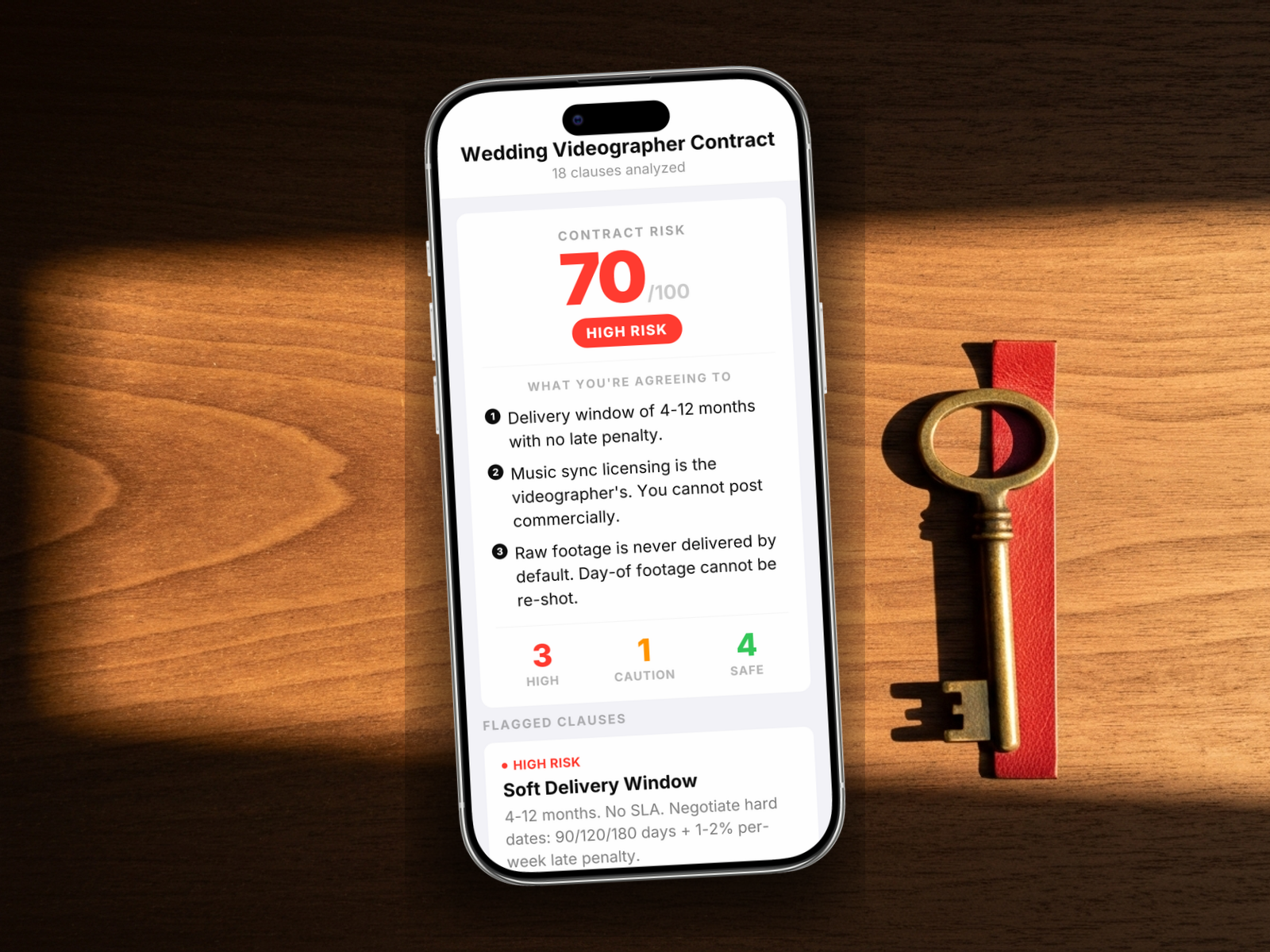 Redline scoring a Wedding Videographer Contract: 70/100, HIGH RISK, with soft delivery window, music-licensing exposure, no raw-footage release, and limited vendor-disappearance remedy flagged