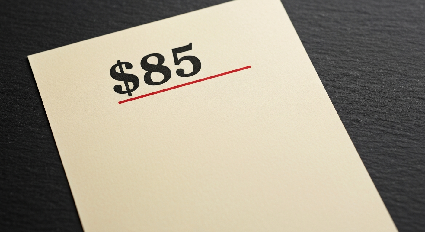 A bone-cream sheet showing the figure $85 with a red ink underline