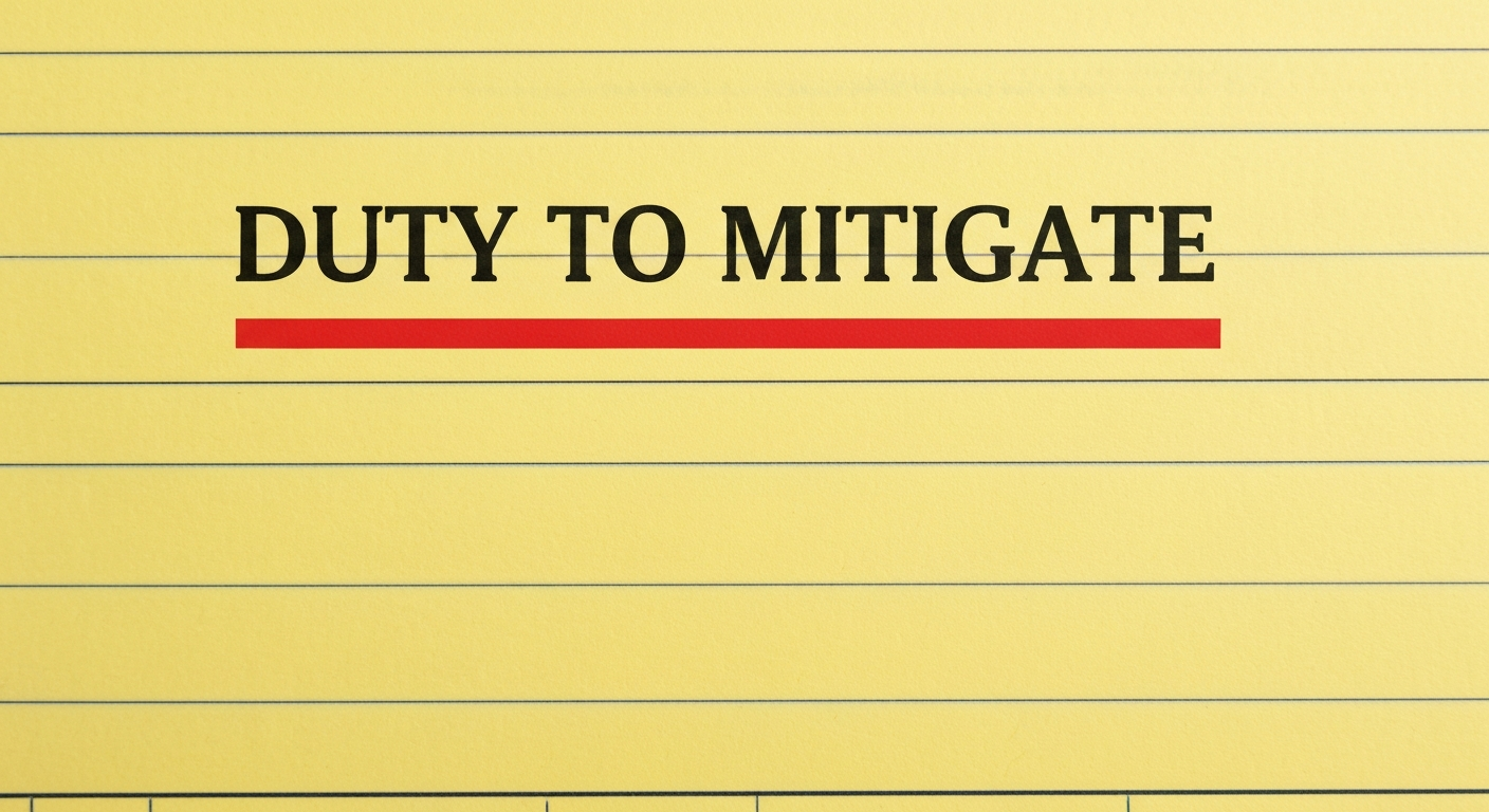 A red highlighter mark beneath the words DUTY TO MITIGATE on a yellow legal pad