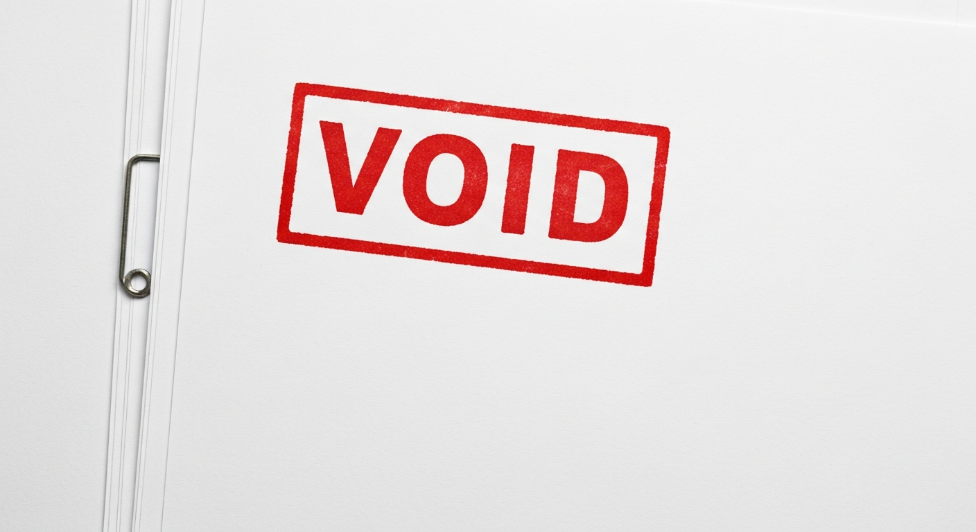A red VOID rubber stamp angled across the top of a stapled white printer-paper contract
