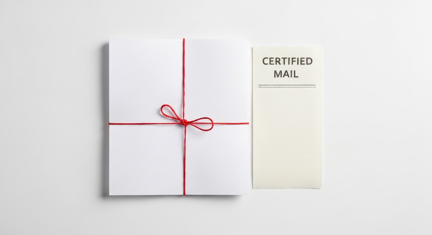 A folded termination notice tied with red string beside a certified-mail receipt on a clean white background