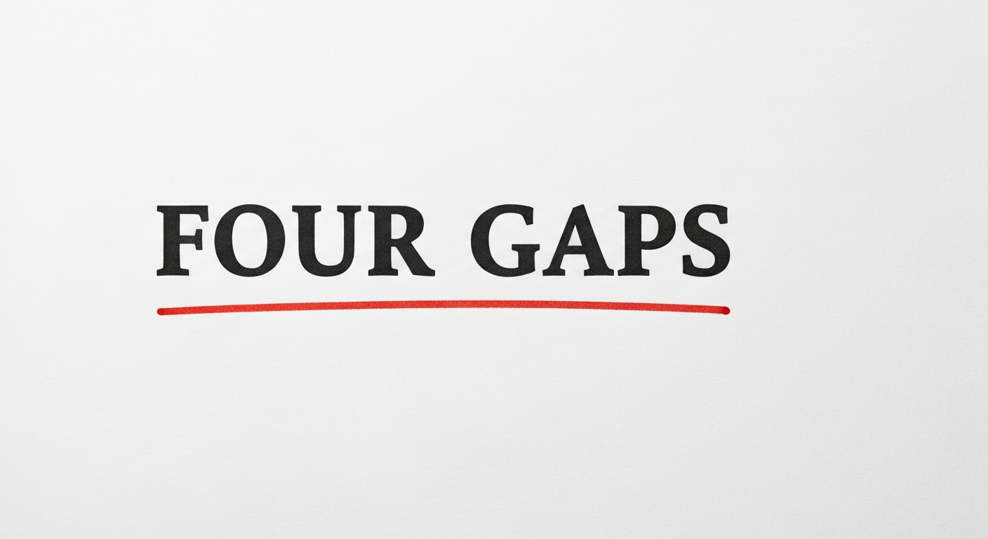 A typographic poster reading FOUR GAPS on white paper with a red ink underline