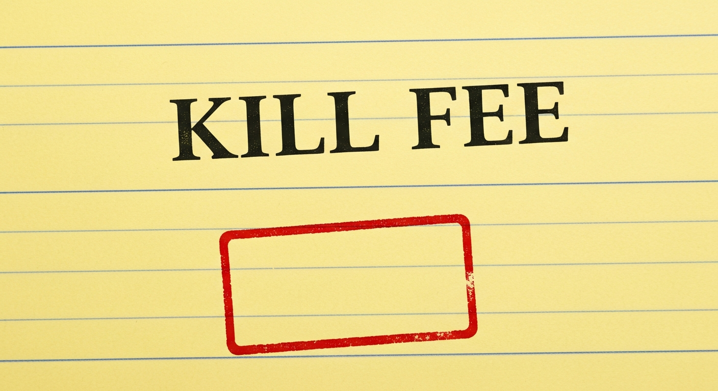 A red rubber stamp reading KILL FEE pressed onto a yellow legal pad