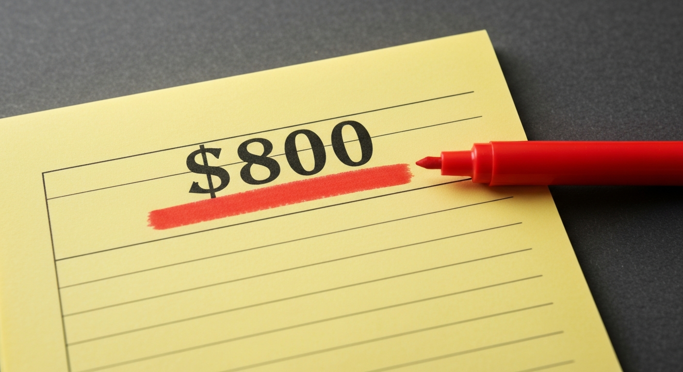 A yellow legal pad showing the figure $800 with a red highlighter mark