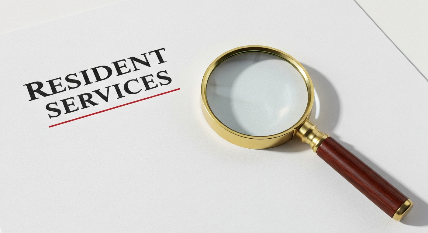 A magnifying glass hovering over the phrase "Resident Services" printed on a lease addendum, with a thin red ink underline beneath the words