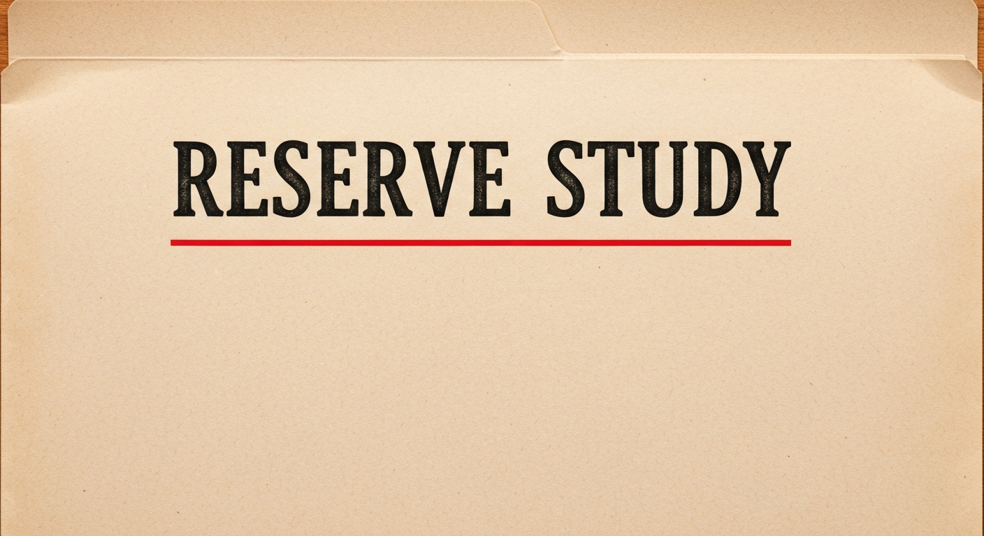 A typographic poster reading RESERVE STUDY on a manila folder with a red ink underline