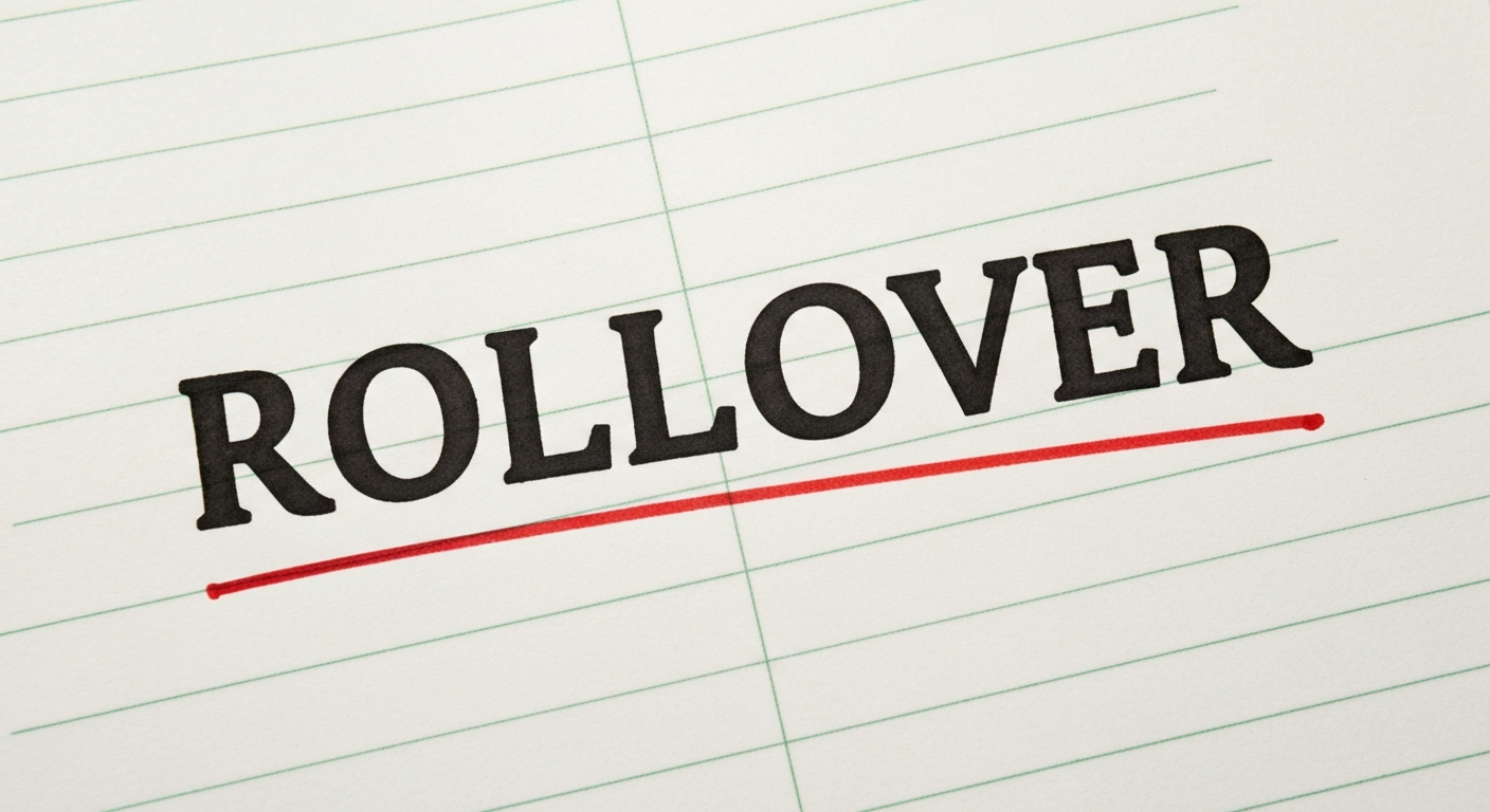 A typographic poster reading ROLLOVER on a steno notebook page with a red ink underline