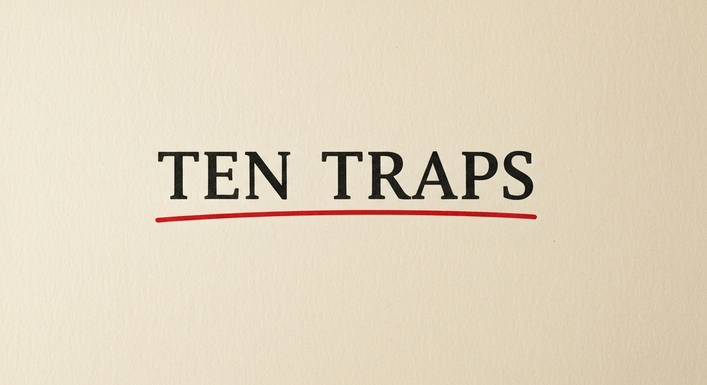 A typographic poster reading TEN TRAPS in serif type on bone-cream paper with a red ink underline