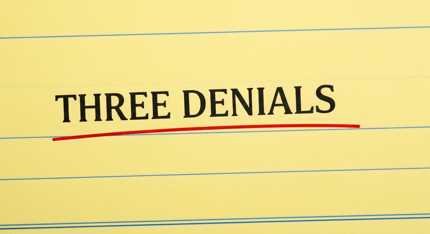 A typographic poster reading THREE DENIALS on yellow legal pad with a red ink underline
