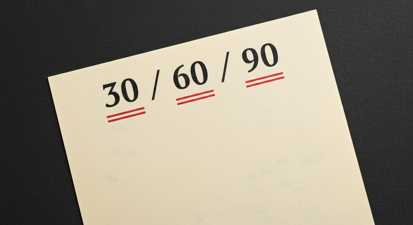 A bone-cream sheet showing the figures 30 60 90 with red ink underlines