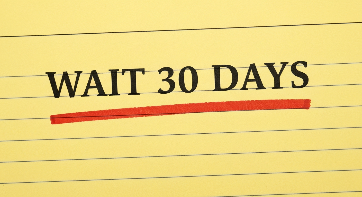 A typographic poster reading WAIT 30 DAYS on a yellow legal pad with a red marker stroke