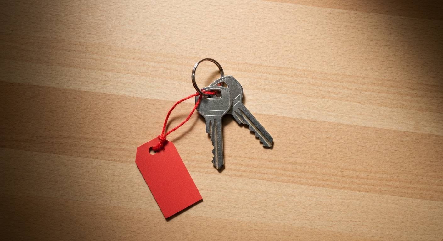 A keyring with two keys on a kitchen counter, one tagged with a red string