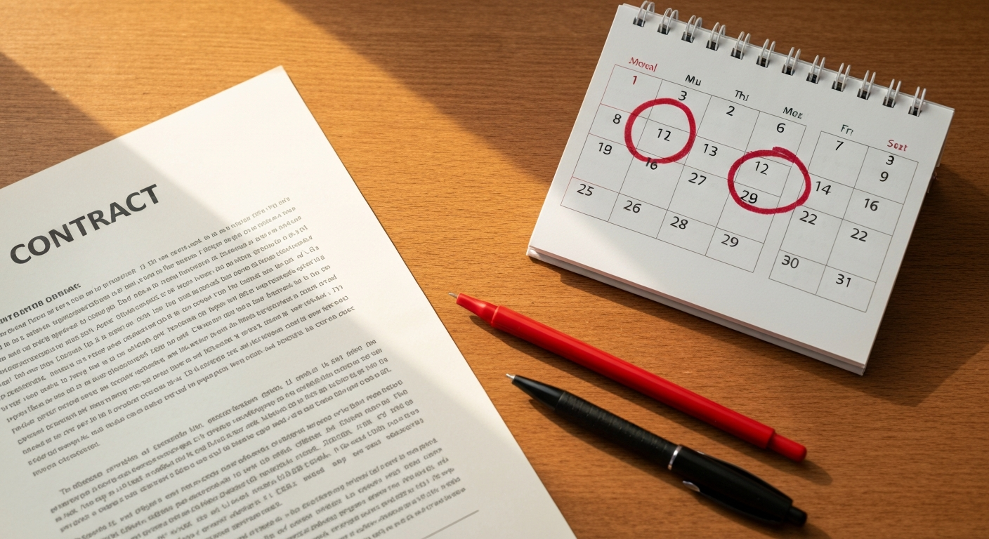 A printed contract page next to a kitchen calendar with two dates circled in red