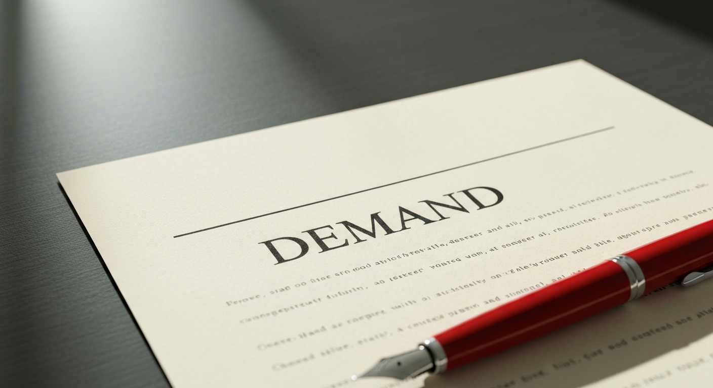 A printed demand letter with a red fountain pen at the signature line